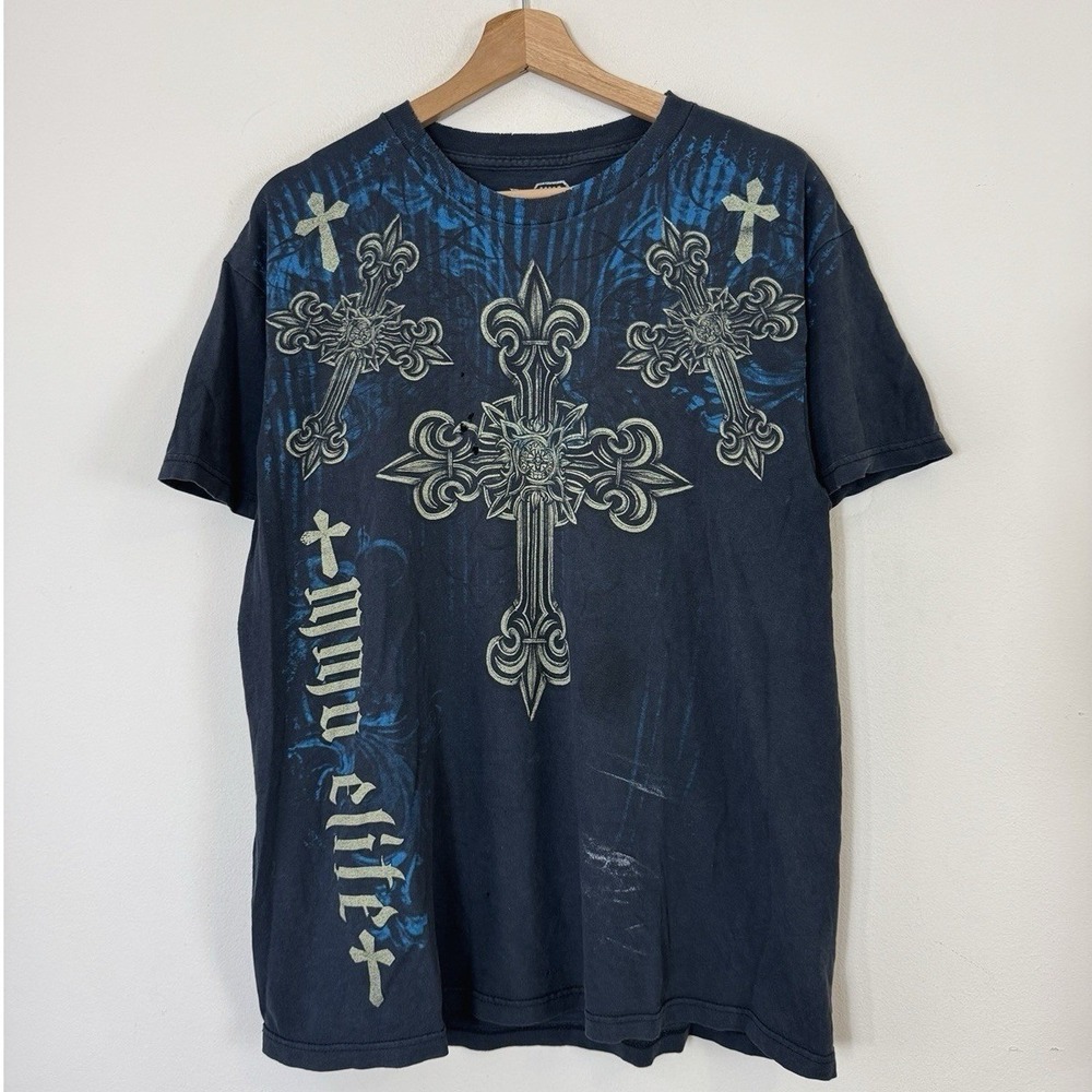 Vintage y2k MMA Elite Cross Jesus Faded Black Tee Shirt - Large
